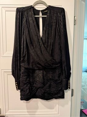 Balmain x hm black  Draped Long-Sleeve Mini Dress with Gold Button Cuffs
